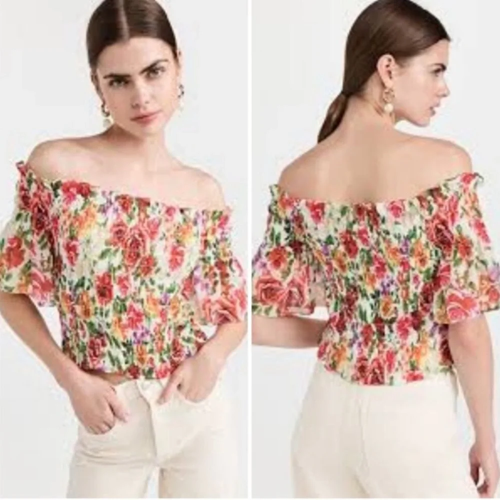 L'Agence | Bexley Off Shoulder Smocked Floral Top White Multi Garden Floral (XS) - Picture 15 of 15